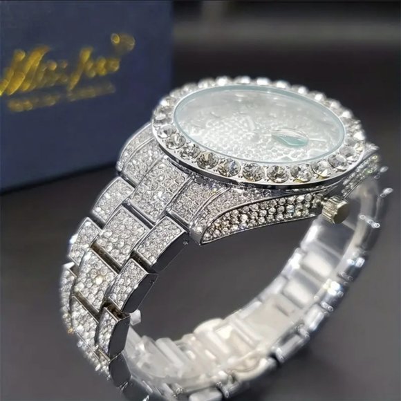 COPY - Silver Luxury Men's Watch Iced Out Twinkle Big Faux Diamond Quartz Watch - Picture 4 of 6